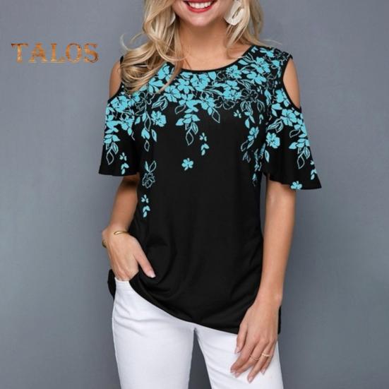 Damen T-Shirt Rundhalsausschnitt Kalte Schulter Kurzarm T-Shirt Lockere Passform Blumendruck Lässiges T-Shirt Für Den Alltag