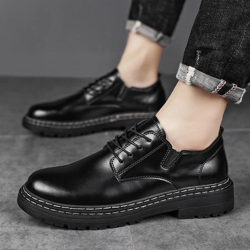 Outdoor Lace Up Wear Resistant Soft Bottom Oxford Shoes Work Shoes Leather Fashion Thick Soled Round Toe Casual Walking Shoes