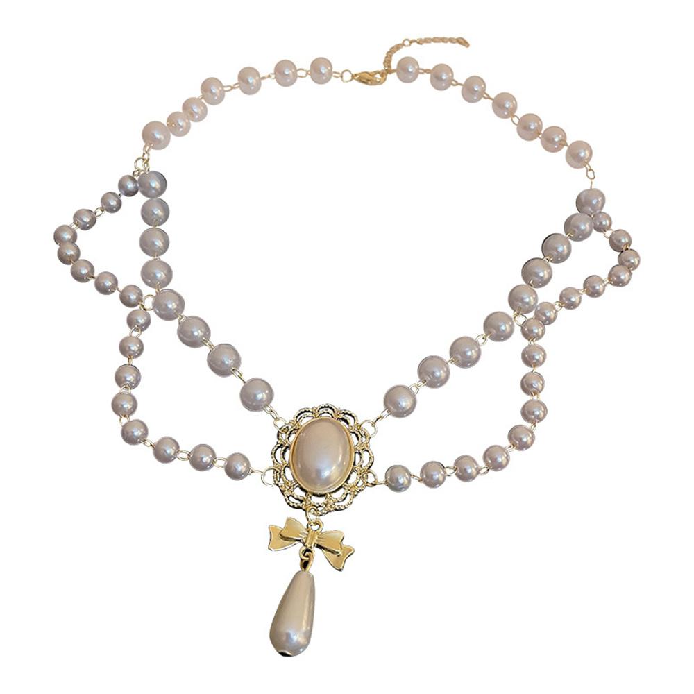 Multi-Layer White Pearl Heart Necklace Vintage Pearl Choker Necklace for Women Elegant Bowknot Pendant Wedding Necklace Jewelry белый