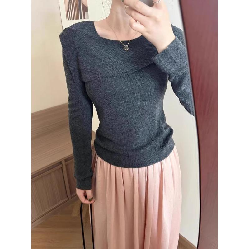 

Нежный и ленивый ветер однословный свитер с горловиной базовая рубашка женский весенний тонкий уменьшающий возраст с длинным рукавом внутренний топ L темно-серого