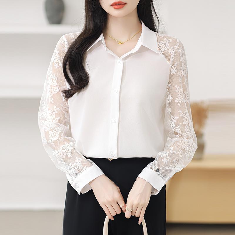 16 Color Lace Patchwork Chiffon Shirt Women Blouse Fashion Hollow Long Sleeved Top Slim OL Work Party Shirt Solid Color