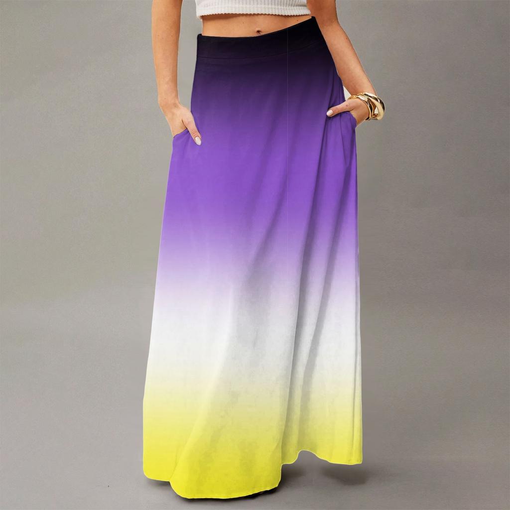 Women's Casual Leisure Foldable Gradient Print High Waist With Pocket Draped  Relaxed Long Maxi Skirt
