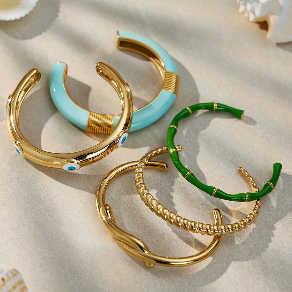 18K Gold-Plated Stainless Steel Geometric Bamboo Joint Multi-Color Cuff Bracelet Set