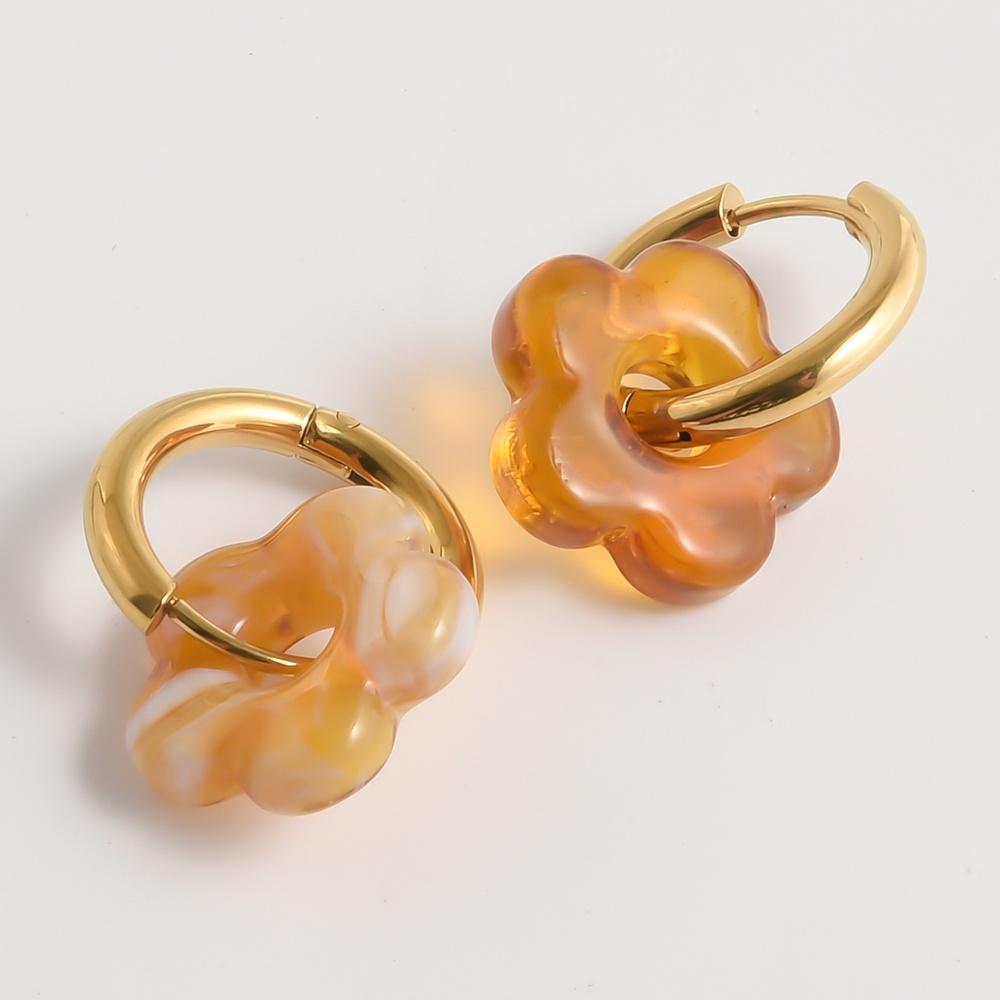 Bunte Blumen Glas Tropfen Anhänger Ohrringe Gold Farbe Kreis Ohrbügel Creolen Edelstahl Ohrringe Modeschmuck für Damen
