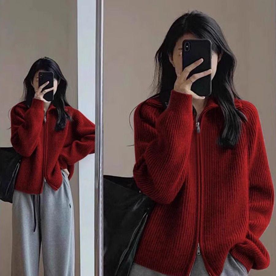 

Women s Red Benmingnian Zipper Cardigan - Loose Knit Sweater Coat for Autumn and Winter L