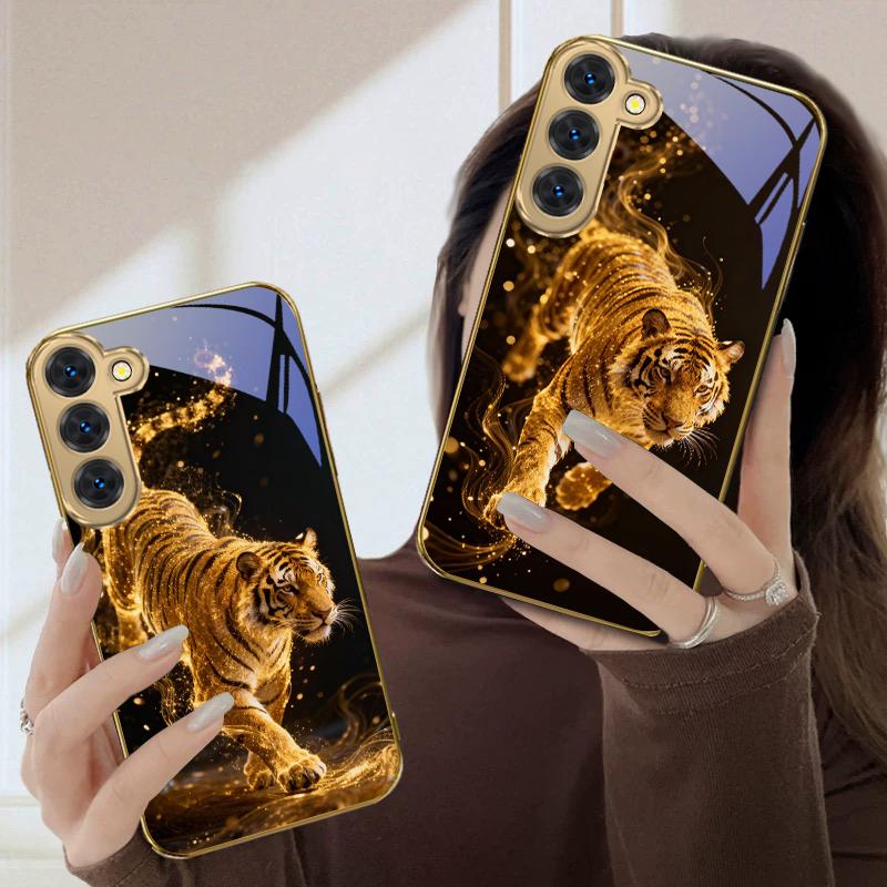 Fantasy Colored Tiger For Samsung Galaxy S26 S20 FE S21 Ultra S23 Plus S24 Ultra S25 S21+ S22Plus S26+ Golden Glass Phone Case