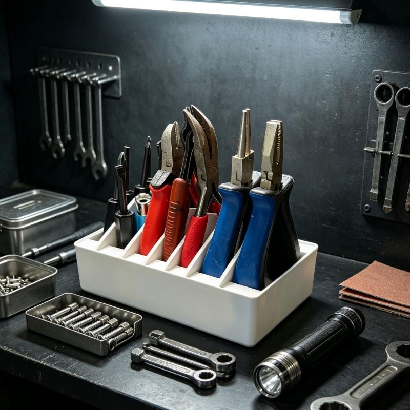 Resin Pliers Storage Rack with Six Upright Slots, Open Tray Layout for Home Repair Supplies and Workshop Storage