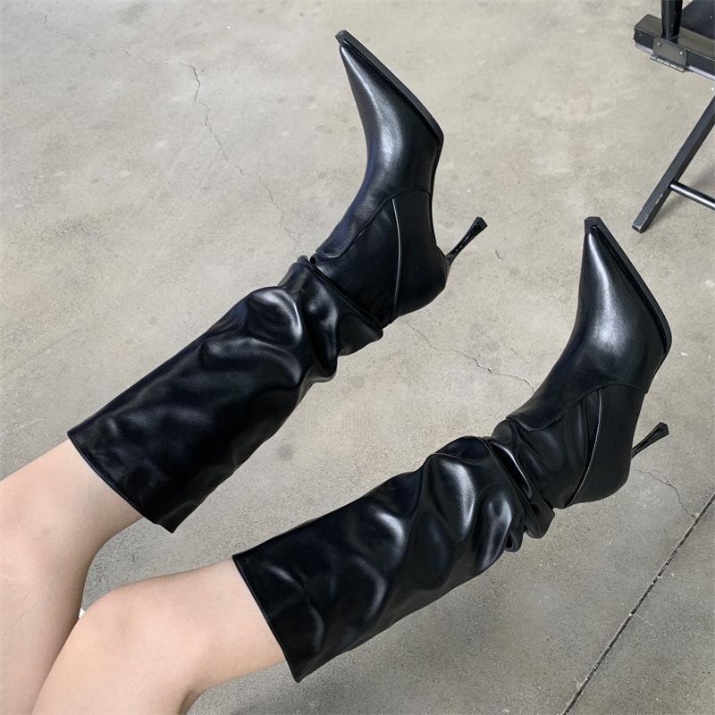 Summer 2025 New High-heeled Snake Pattern Pleated Stacking Boots Pointed Thin High-heeled Boots High Boots But Knee Boots
