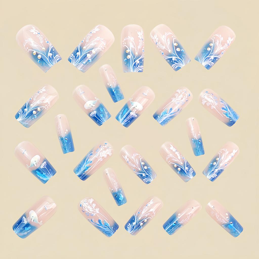 24PCS Ocean Theme False Nails with Blue Tip Easy Effortless Application To Nails for Women and Girl Nail Salon