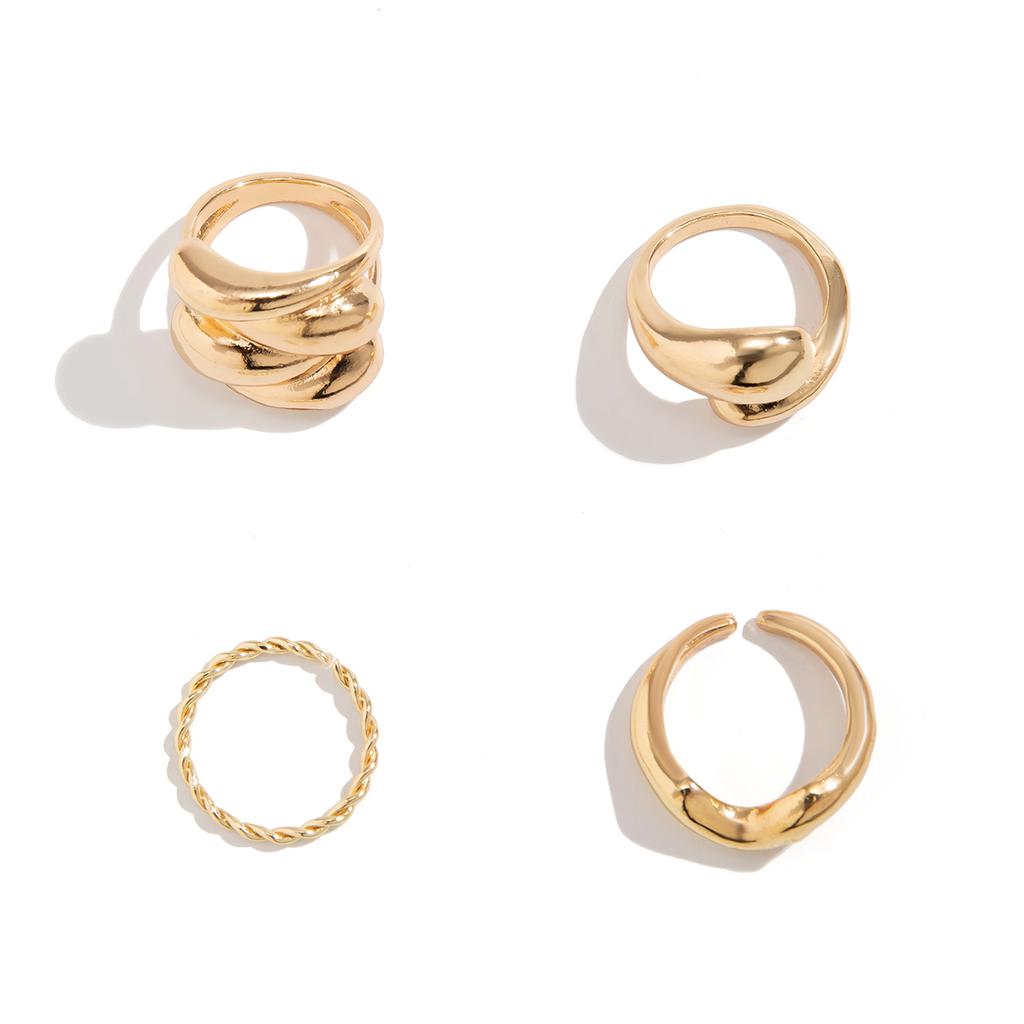 IngeSight.Z 4Pcs Punk Adjustable Open Gold Color Ring Fashion Smooth Metal Ring Set Women's Aesthetics Party Jewelry