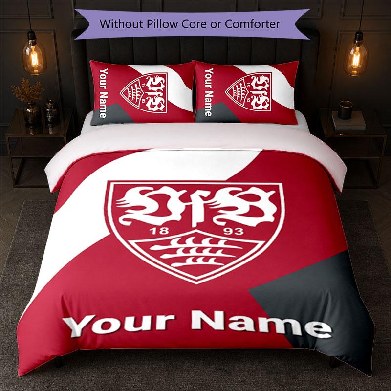 Set Biancheria da Letto Personalizzato VfB Stuttgart FC con Nome Testo 1 Copripiumino+2 Federe Logo Calcio Regalo Personalizzato per Occasioni Speciali Decorazione Camera da Letto