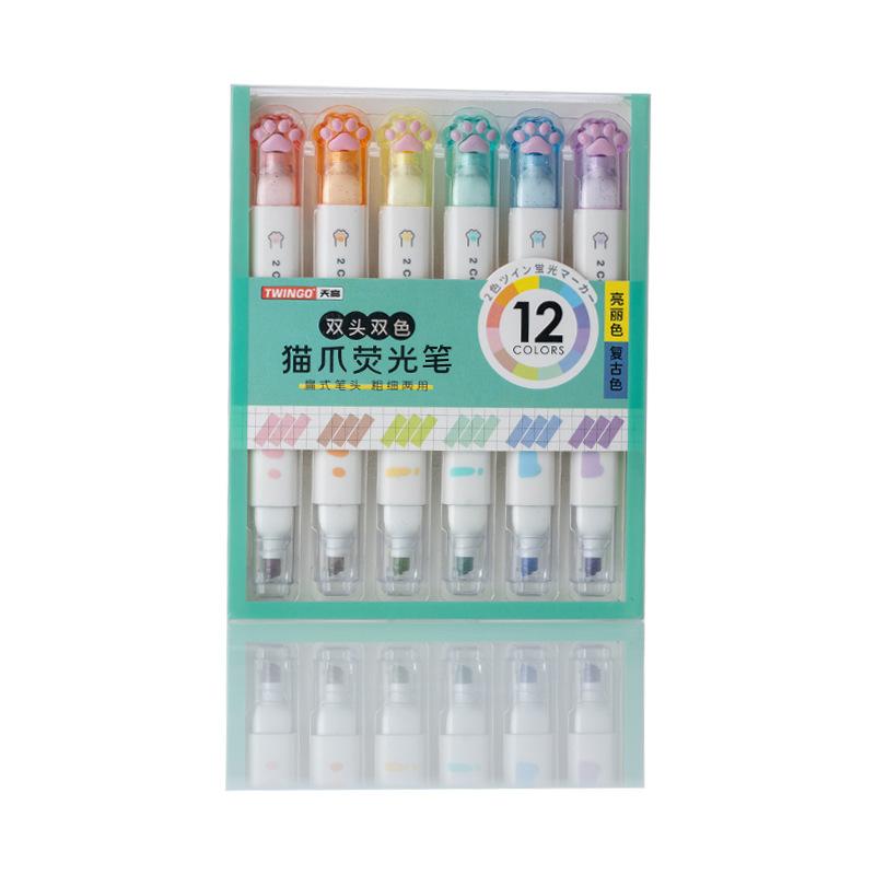 6 szt./opak. Kawaii Koci Pazur Dwugłowe 12 Kolorowe Zakreślacze Markery Artystyczne Długopis Fluorescencyjny Prezent Artykuły Papiernicze Słodkie Artykuły Szkolne
