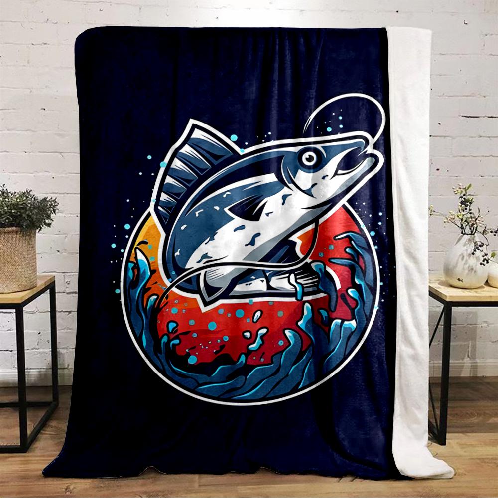 Jumping Fish Illustration with Ocean Waves - Flannel blanket for bedroom, living room, sofa, and nap sofas.