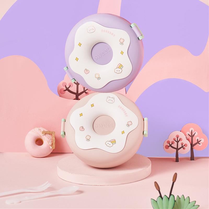 Lunch Box For Kid School Child Snack Box Donut Cartoon Leakproof Bento Box Microwavable Food Container Childrens Tableware