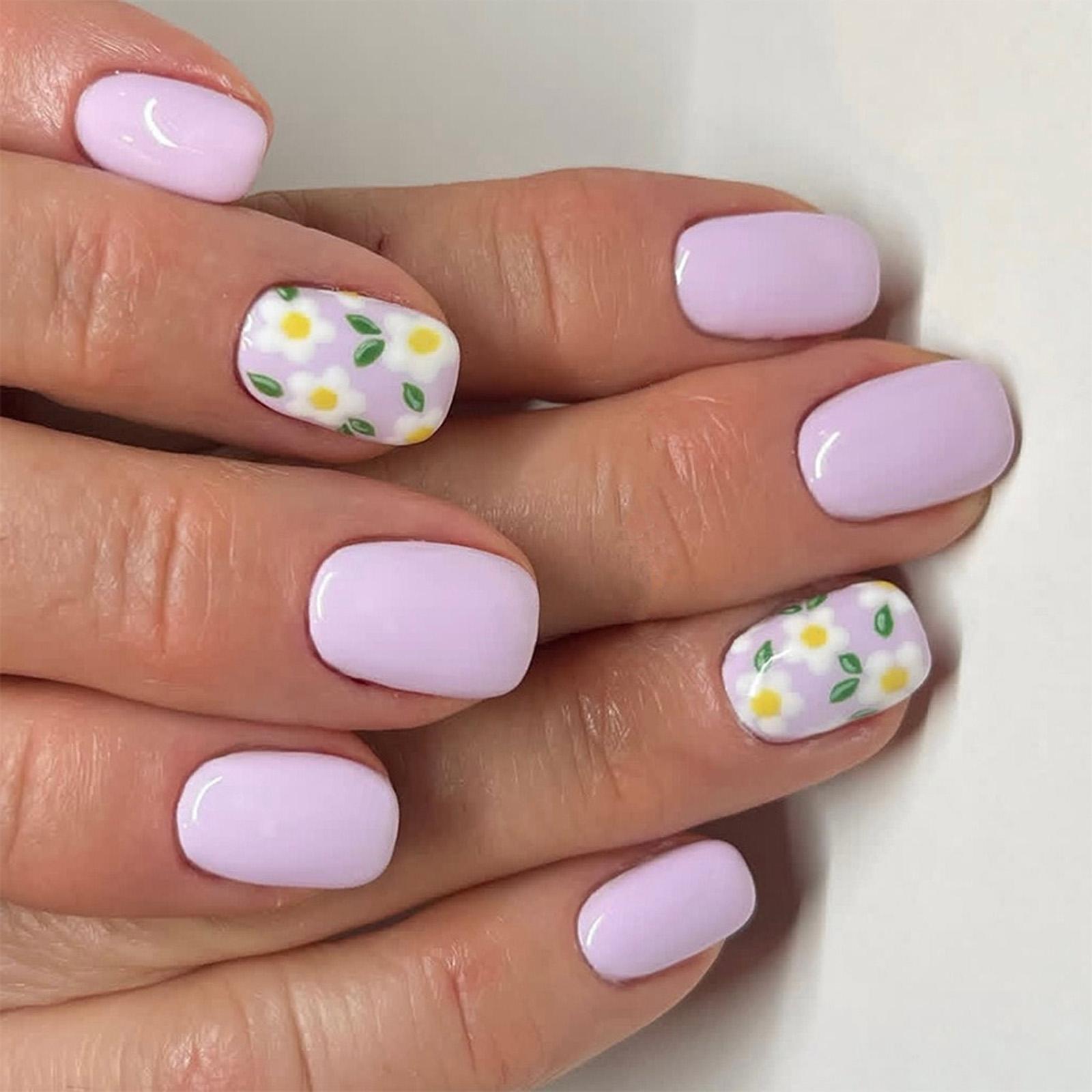 

Накладные ногти короткие квадратные с цветочным дизайном, искусственные ногти милые глянцевые клеевые искусственные ногти для женщин