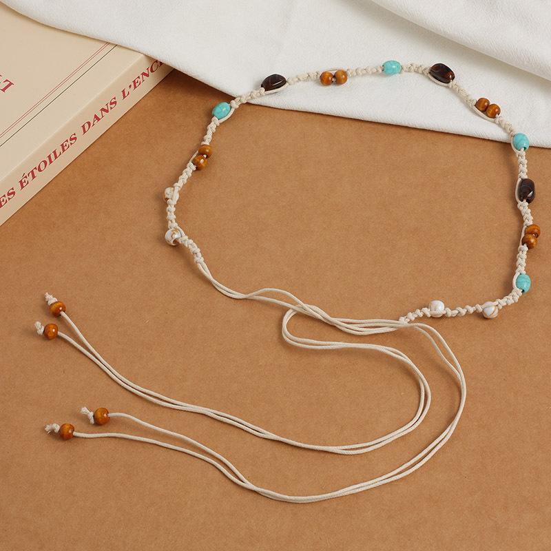 Boho Style Flowers Weaving Knotted Ethnic Style Handmade Wooden Beads Women's Belt Leisure Vacation Style Beautiful Waist Rope