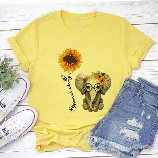 Elephant Sunflower Print Shirt Women Casual Short Sleeve O Neck Tee Tops 90S Harajuku