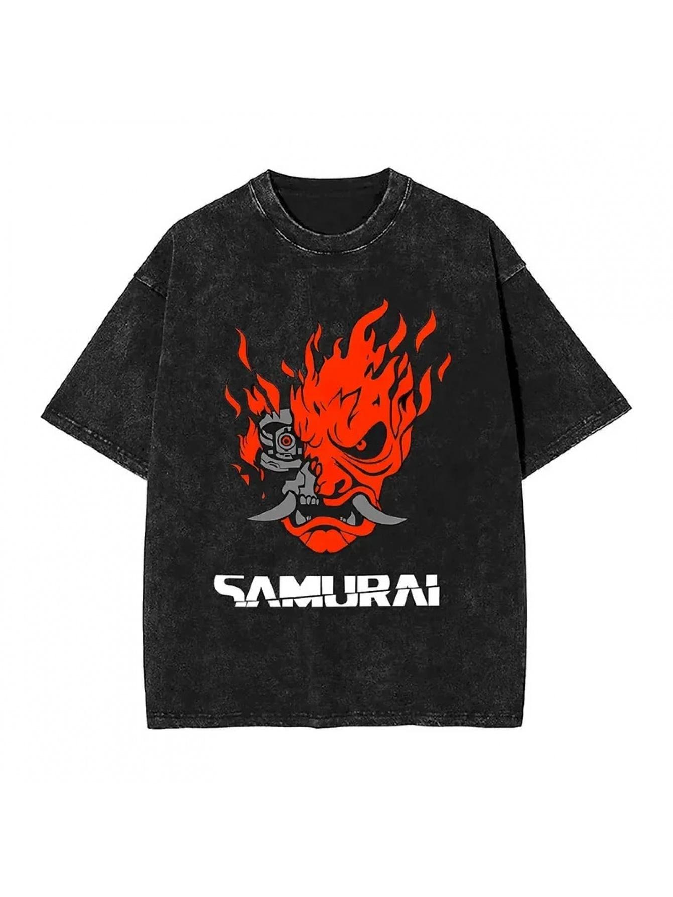 

Washed Summer Mens Cotton T Shirt with Japanese Game Warrior Pattern Suitable for Daily Fashionable Wear L
