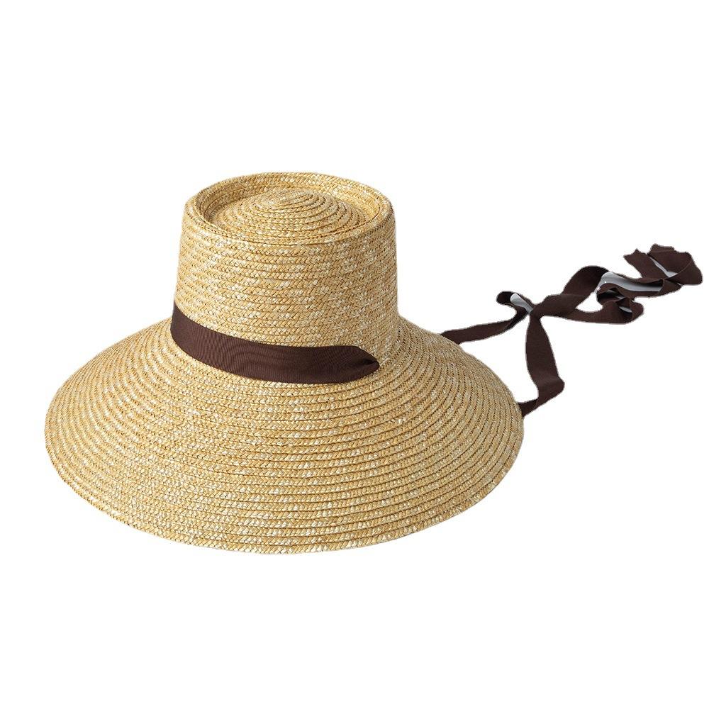 European and American spring and summer new fashionable retro ring top big brim basin type straw straw hat with strap outdoor sunscreen
