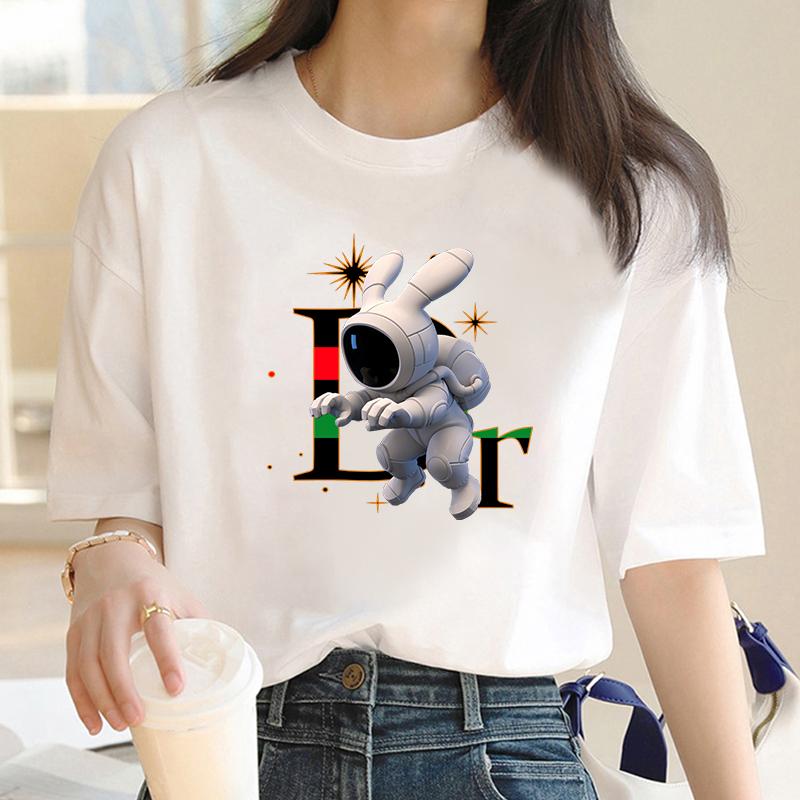 Cotton Spring/Summer Trendy Brand Rabbit Printed Short Sleeve Light Luxury Women's Round Neck Loose Casual Trendy T-shirt