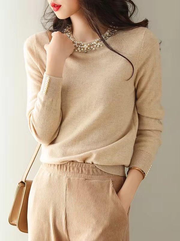 2026 Autumn/Winter Women's Elegant European Style Round Neck Beaded Knit Sweater