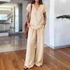 2026 Europe & US Solid Color V-neck Short Sleeve T-shirt with Wide-Leg Pants Women's Summer Fashion Set