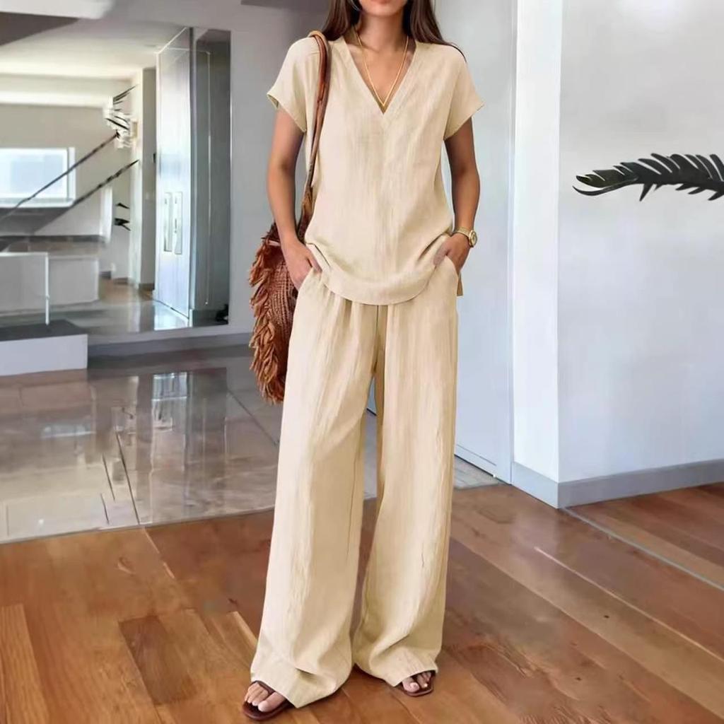 2026 Europe & US Solid Color V-neck Short Sleeve T-shirt with Wide-Leg Pants Women's Summer Fashion Set