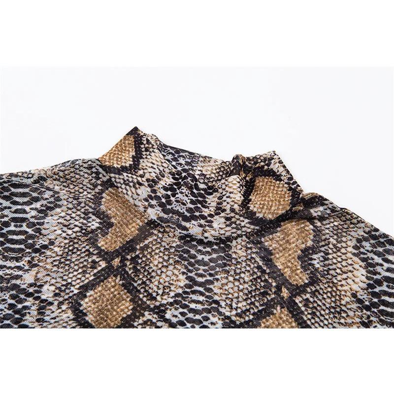 Casual Green Snake Print T Shirt Women Mesh Top Long Sleeve Transparent Snakeskin Female T-shirt High Neck Crop Tops