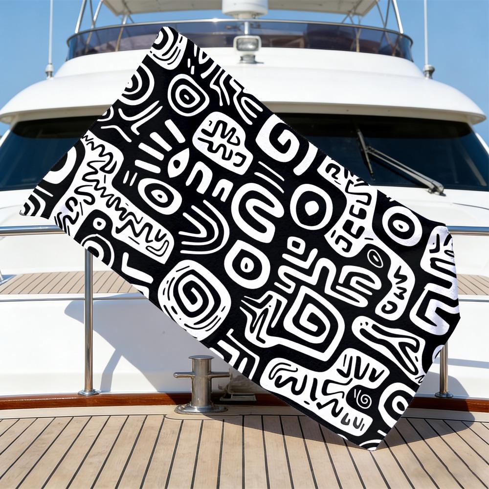 Abstract Doodle Beach Towel – Oversized Quick Dry Sand Free with Black & White Tribal Print
