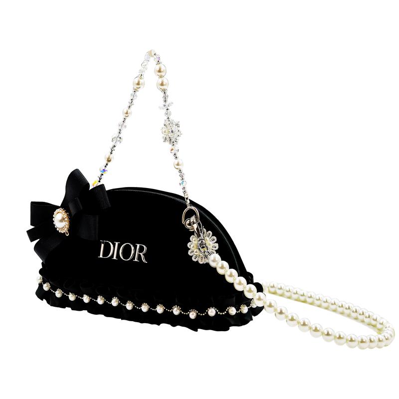 Dior [Borsa Cosmetica Personalizzata] Notturno Perlaceo Custodia Nera Semicerchio Velluto Retrò Semplice Pendolarismo Quotidiano Letterario
