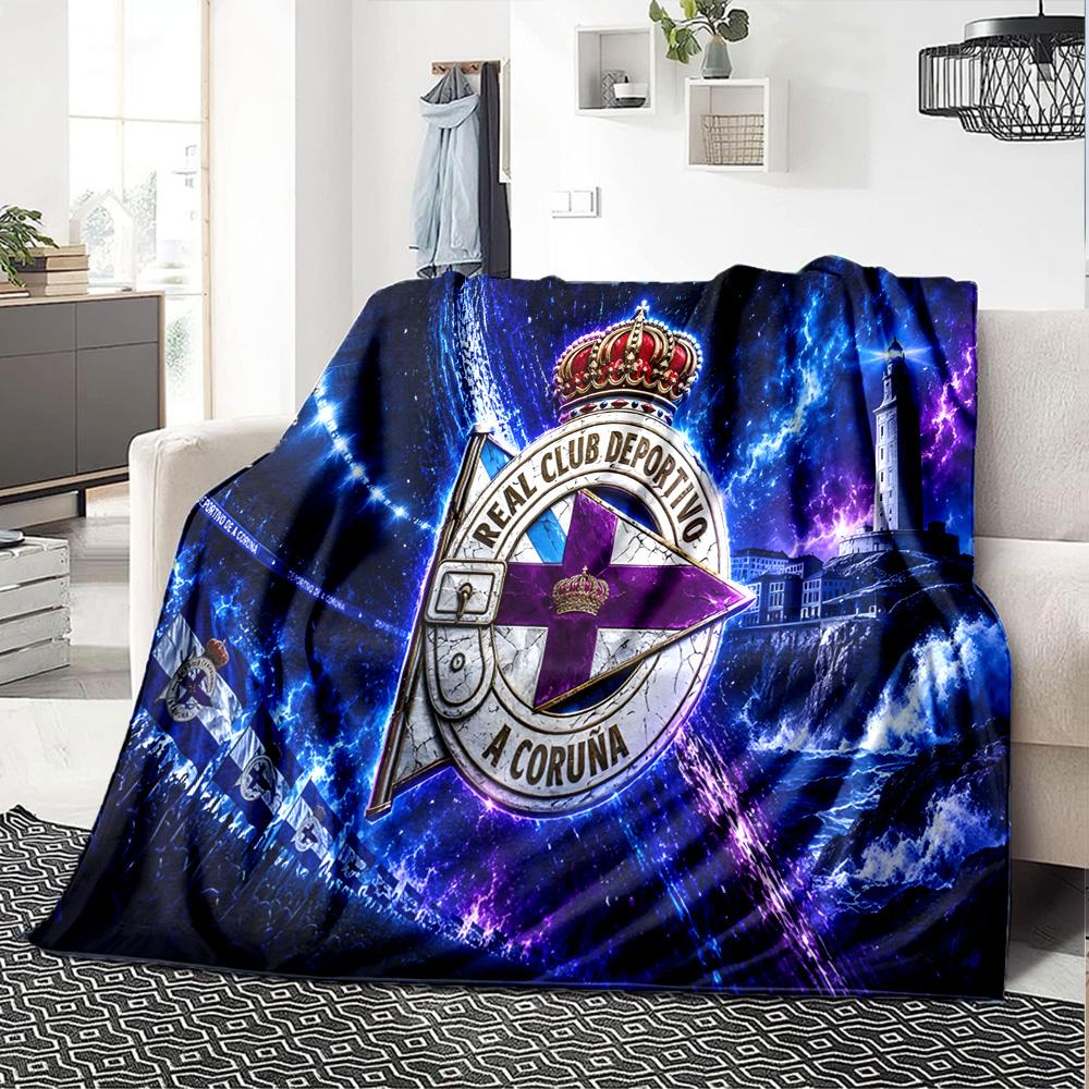 Deportivo A Coruna Crest Flannel Blanket, Soft Polyester, Modern Design, All-Season for Camping, Travel, Gifts for holidays or birthdays