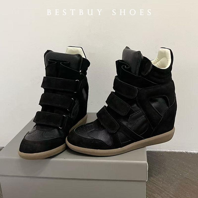 Nowe Damskie Sneakersy z Zamszowej Skóry Zapinane na Rzep Buty Turystyczne Casualowe Buty Sportowe Zwiększające Wzrost o 8 CM Jesienne Okrągły Nosek Botki do Kostki