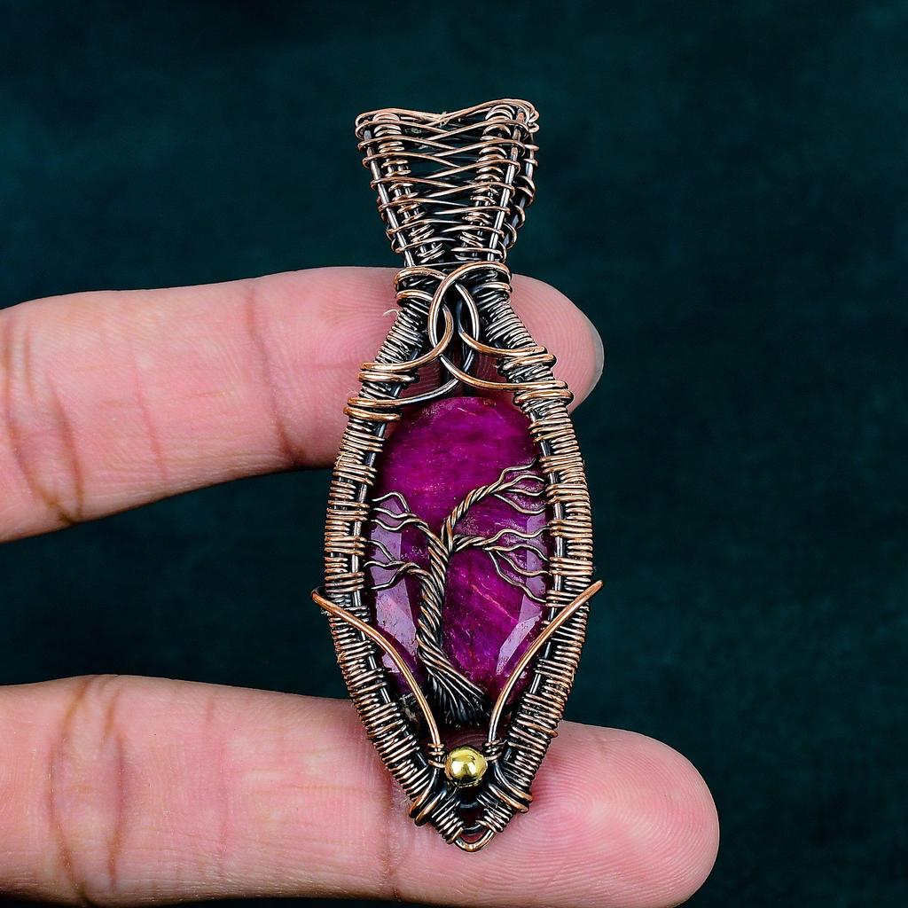 Faceted Kashmir Ruby Pendant Handmade Elegant Jewelry Copper Wire Wrapped Jewelry Real Gemstone Pendant Tree of Life Jewelry Gift for Him