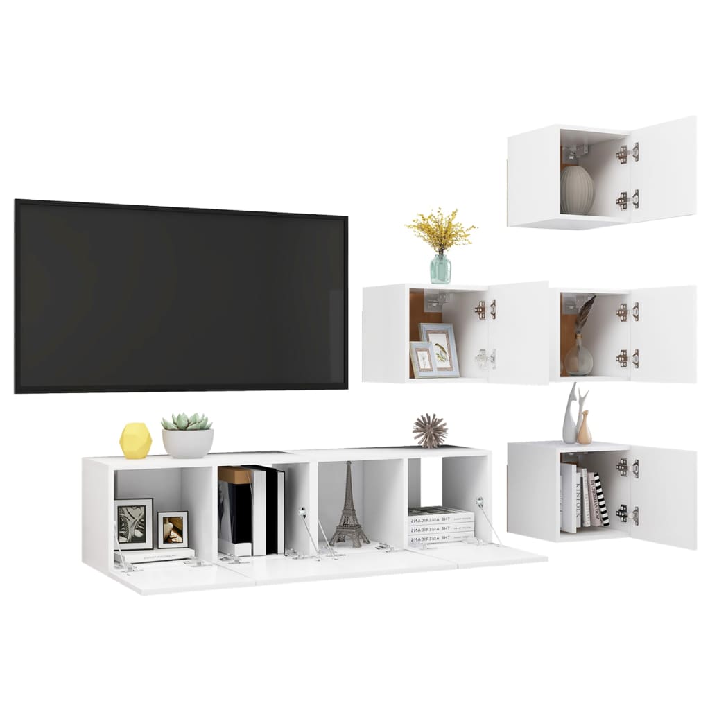 6 piece TV cabinet set white particleboard