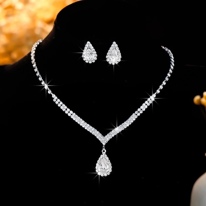 Geometric Zircon Pendant Necklace Set With Matching Earrings Waterdrop Shape Full Rhinestone Crystal Jewelry Wedding Party