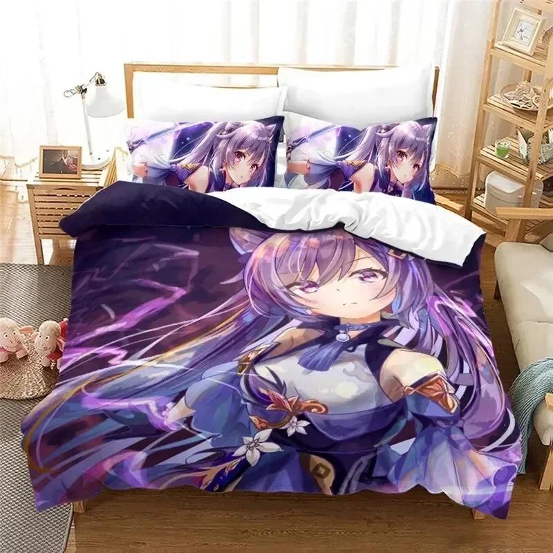 Anime Genshin Impact Paimon Bedding Set Duvet Cover Sheet Printed Bed Set Pillowcase Bed Full Queen King Size Comforter Bedroom