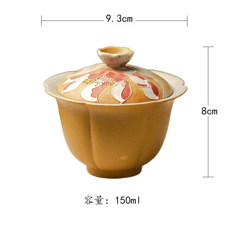 1PC Sprinkling Gold Ceramic Cover Bowl Hand-painted Ginkgo Flower Mouth Brewing Tea Bowl Teacup Household Not Hot Kung Fu TeaSet