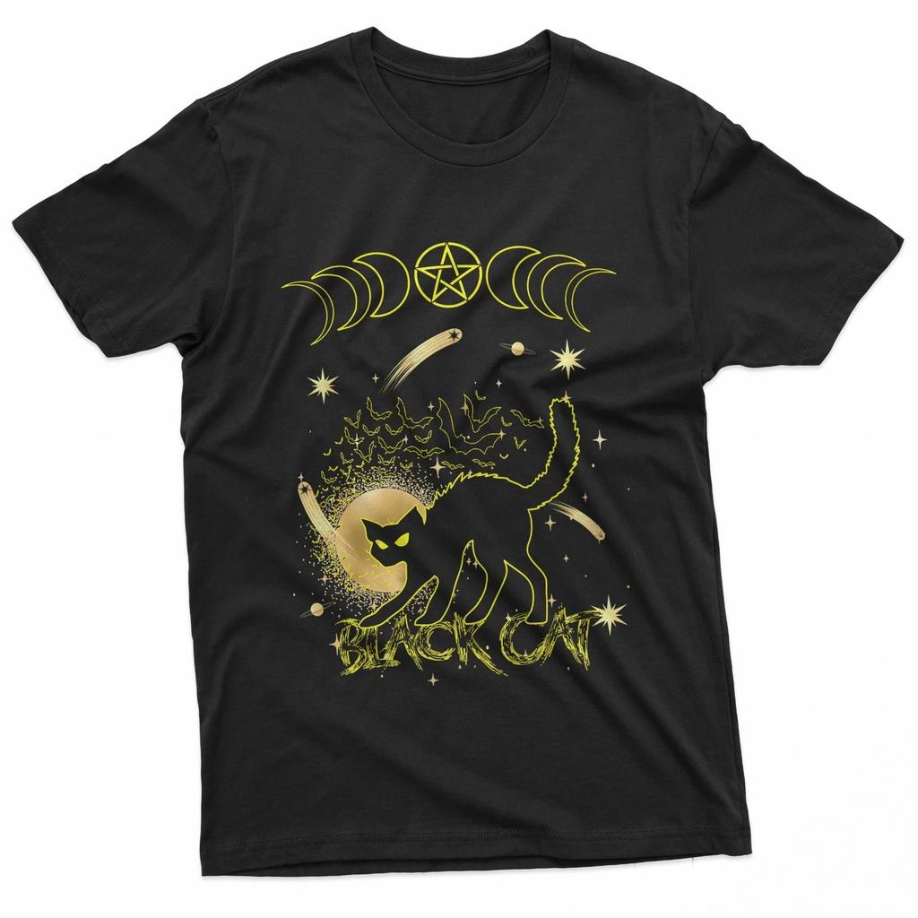 Enchanted Black Cat Mystical Sun Moon And Pentagram Design 100% Cotton T-shirt Mens Tees Top