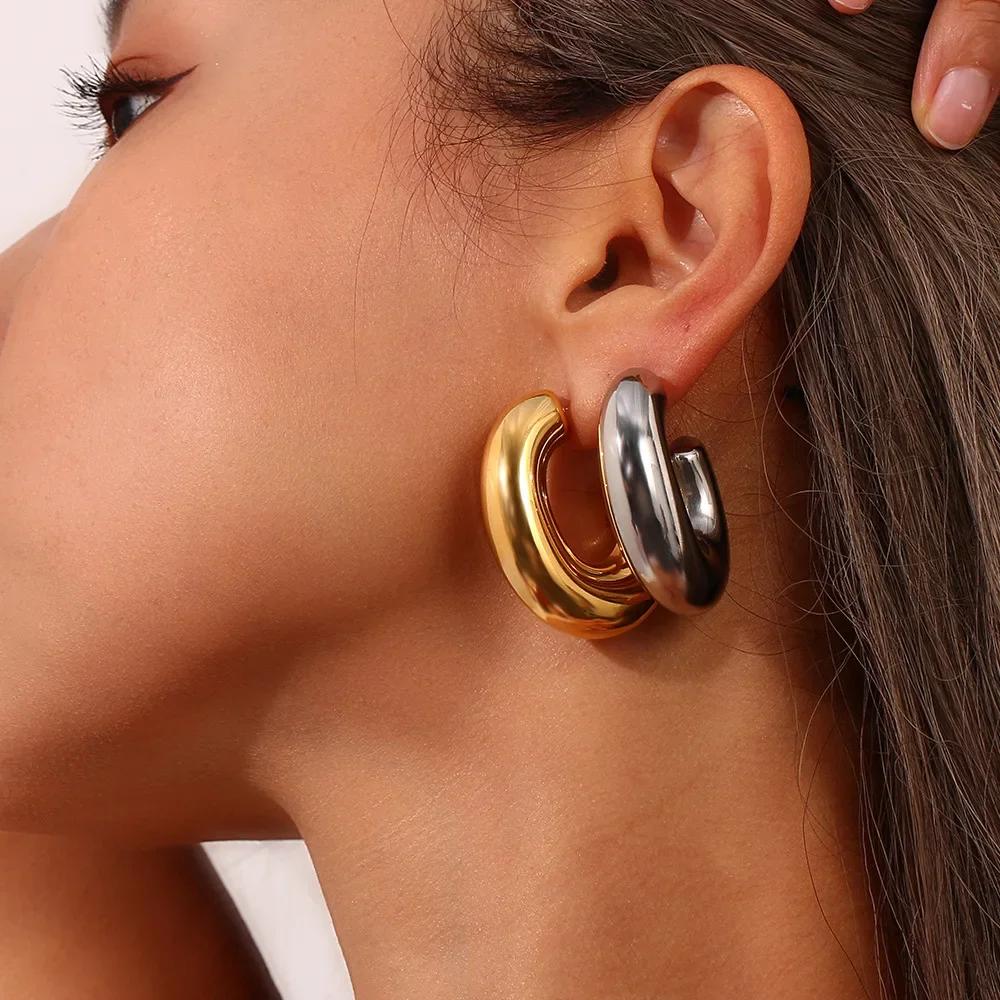 Vintage Oversize Chunky Round Circle Clip Earring for Women C Shape Tube Thick Without Pierced Hoop Earclips Jewelry Trendy