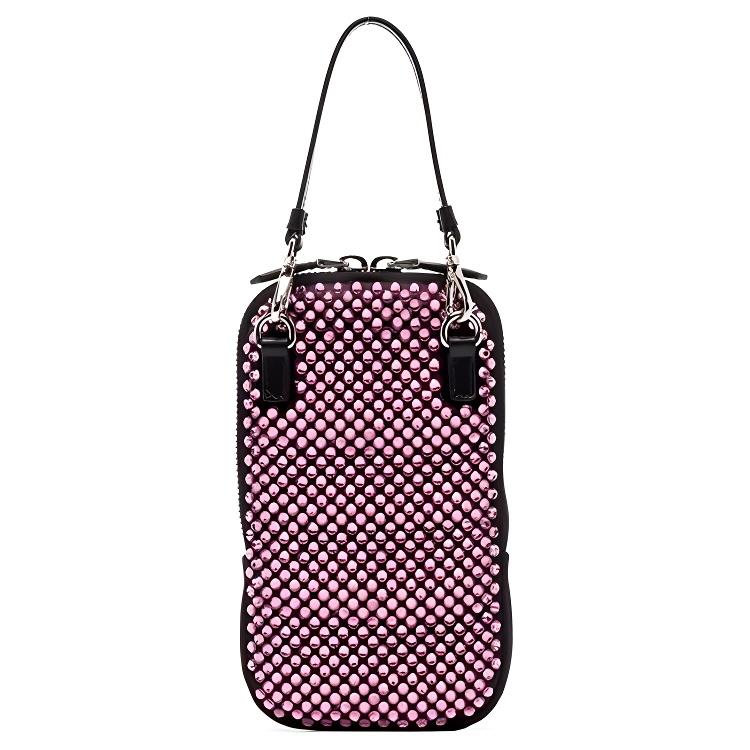 Prada Crystal Embellished Logo Zipper Closure Satin Handbag Unisex Handbags Pink 1DH030-2AWL-F0028