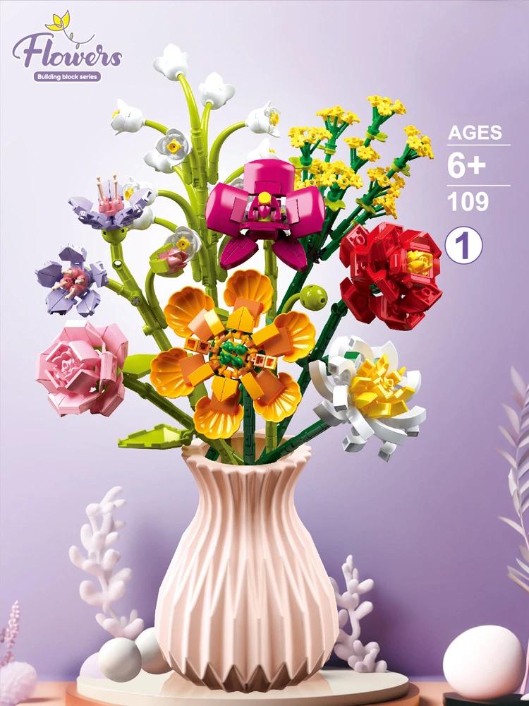 Micro Building Block with Vase Eternal Flower Bouquet Set Creative Home Decoration Ornament Compatible with
