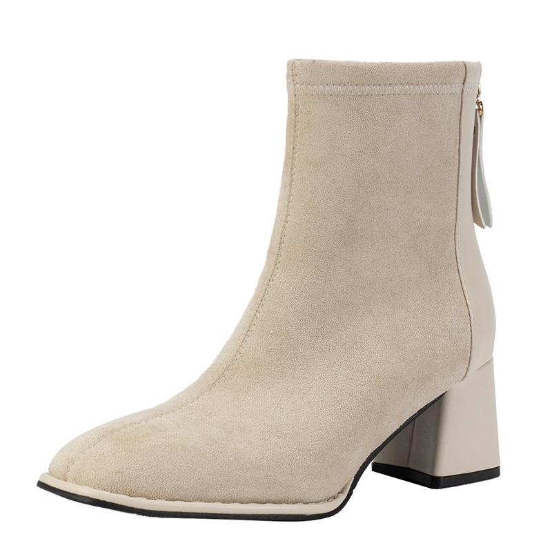 

Замшевые остроносые ботильоны на толстом каблуке, короткие, на молнии сзади, новые осенне-зимние, корейская версия, на высоком каблуке, модные женские ботинки в стиле Мартин 35 бежевый