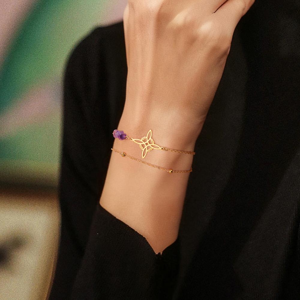 Lila Kristall Hexenknoten Anhänger Armband Damen Edelstahl Doppelschicht Perlenkette Amulett Hexerei Schmuck Geschenk
