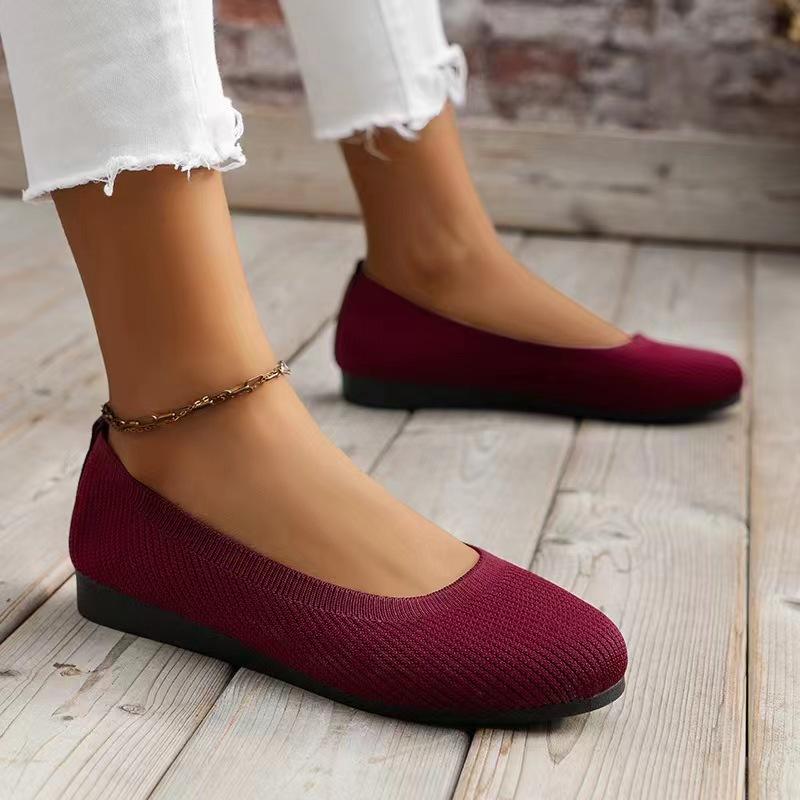 Shallow Mouth Women's Shoes 2024 Autumn Round Headed Flat Bottomed Sleeve Foot Shallow Mouth Mesh Breathable Fashionable Single