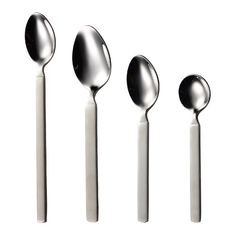 304 stainless steel western food spoon square handle sanded handle bright spoon head thick and heavy multi-specification hand throwing round edge