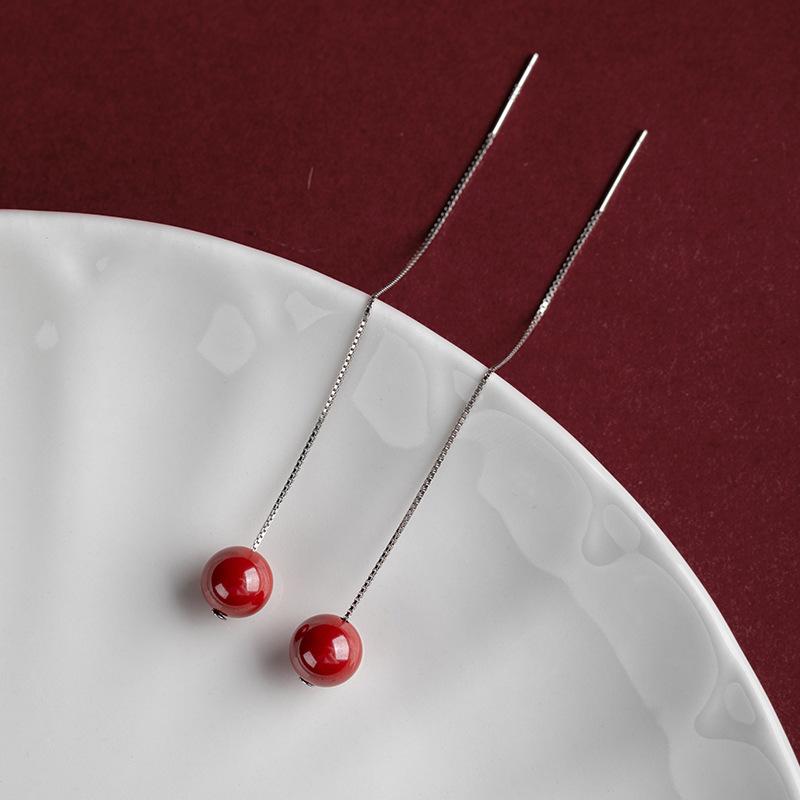 New Cinnabar Pure Silver Ear Thread, Hypoallergenic Earrings, Simple Women's Ear Studs, Ear Piercing Care, Birthstone Gift