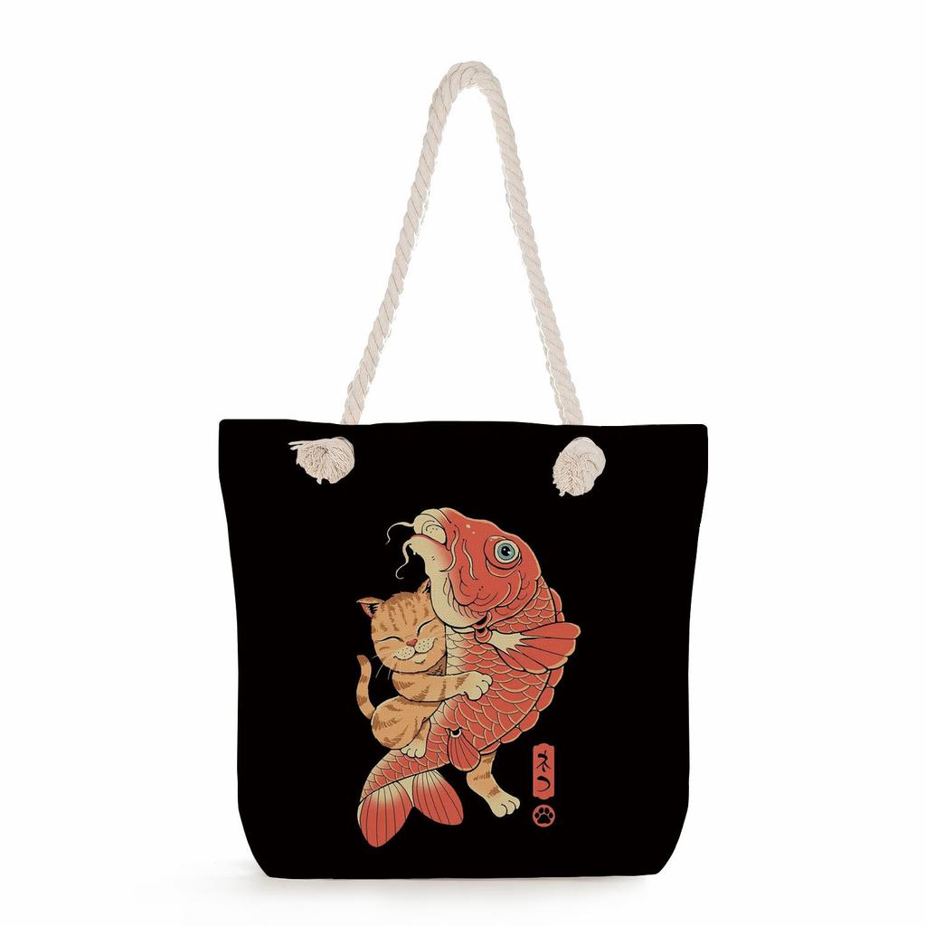 Samurai Cat Print Thick Rope Single-shoulder Beach Bag 7235
