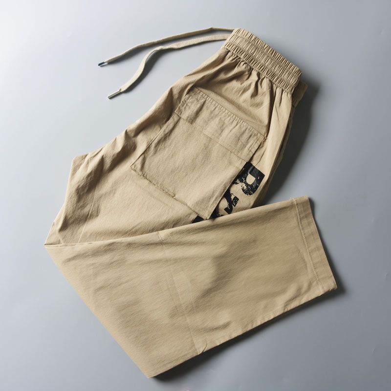 Clearance Export Surplus Summer Thin Modal Ice Silk Casual Pants for Men, Straight Loose Elastic Lettered Cropped Pants Khaki(Zun casual pants 2127) thirty-four