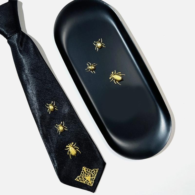 Punk Necktie With Adjustable Elastic Strap And Metal Insect Decors For Men Women Dark Fashion Cosplay Uniform Accessory