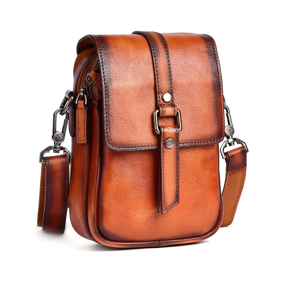 

Whatna Antique-Style Tanned Natural Cowhide Leather Mini Shoulder Bag for Men, Small Messenger Bag, Shoulder Pouch, Vertical Design, Fits iPad Mini,